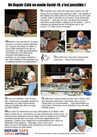 Biot Repair Café 27 juin 2020 et Covid-19 P2